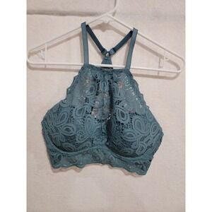 Victoria's Secret PINK High Neck Lace Push-Up Bralette Teal Blue Medium M Padded